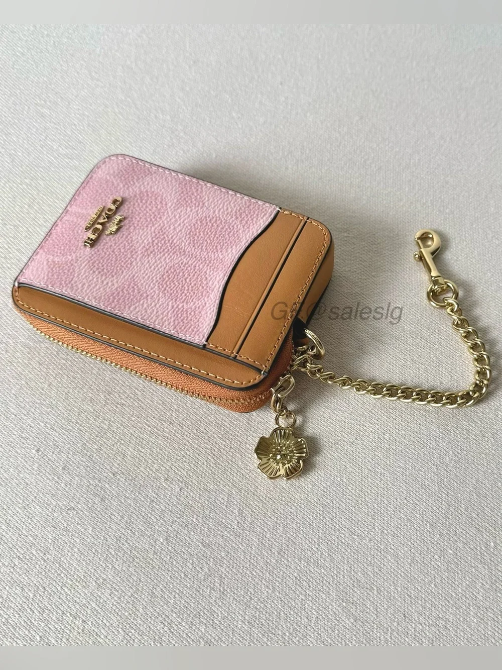 NWT Coach Powder Pink Zip Card Case Wallet Charm Signature Canvas CEC50